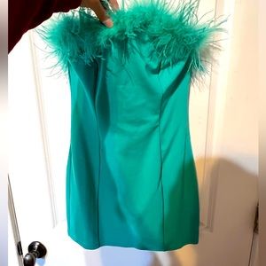 Strapless Women’s Dress, Green, Size Large/L, Feathers, Bodycon, Short, Stretchy